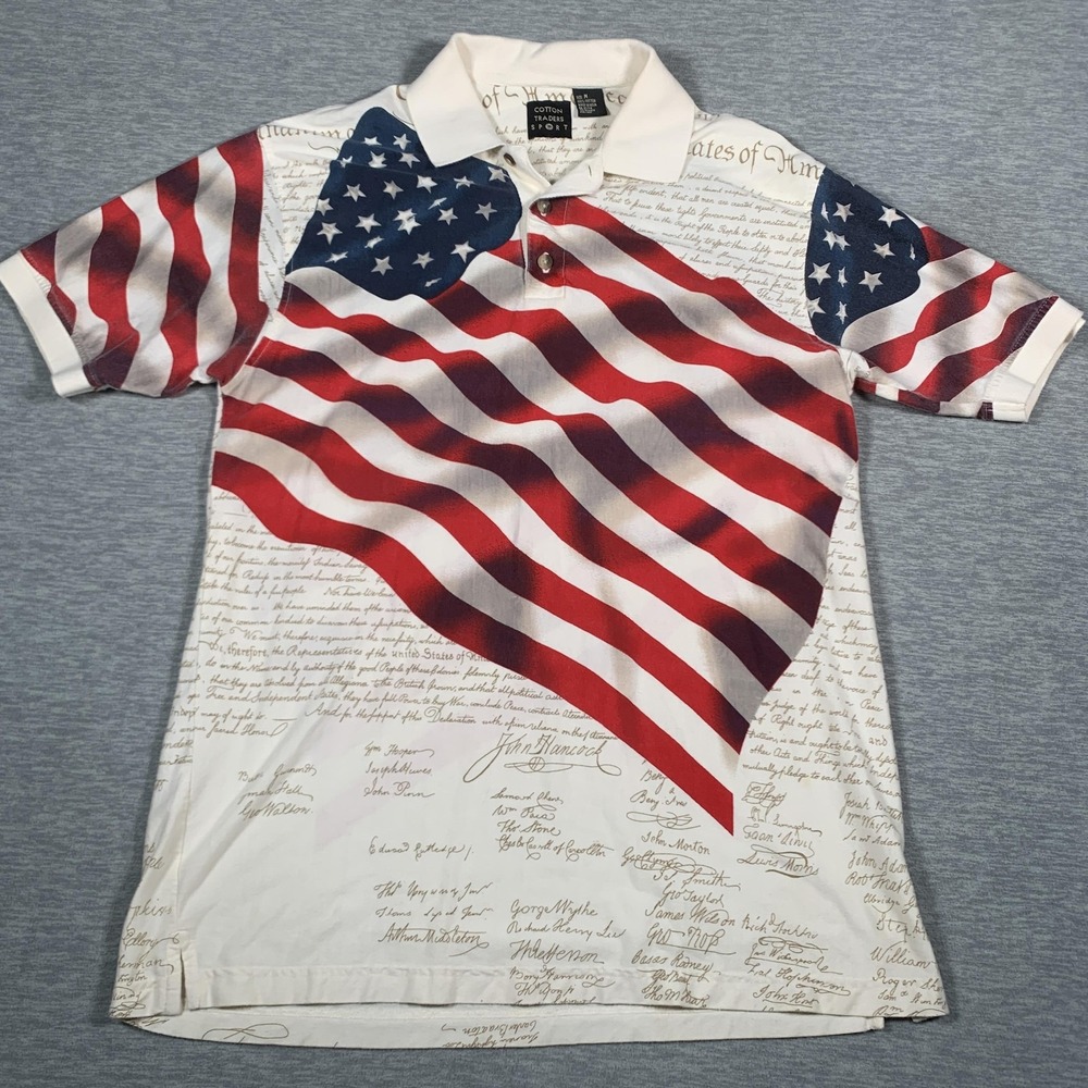 Cotton Traders Sport Shirt Mens Medium American‎ Flag USA Declaration Patriotic
